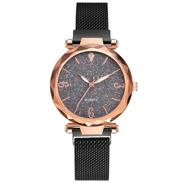 Mandotos elegant rose gold timepiece with a sleek round watch face and matching bracelet strap.