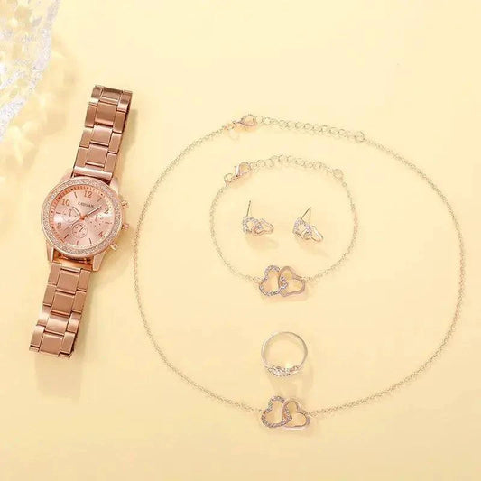 Rose gold watch ensemble by MANDOTOS featuring a stylish watch, matching bracelet, and elegant accessories on a neutral background.