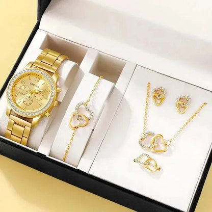 Elegant rose gold watch ensemble by MANDOTOS featuring a stylish watch with matching accessories on a neutral background.
