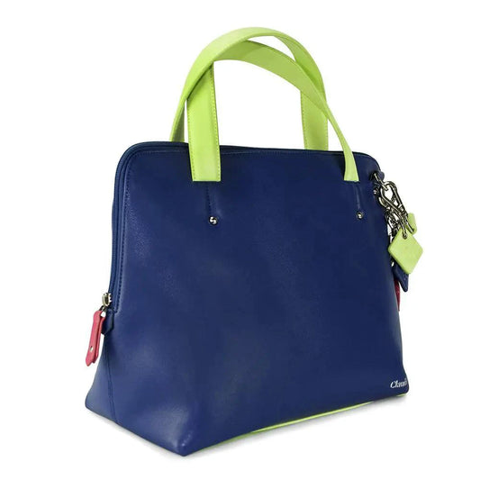 Mandotos Elisa leather handbag in sapphire blue with gold-tone hardware, featuring a structured design and top handles.