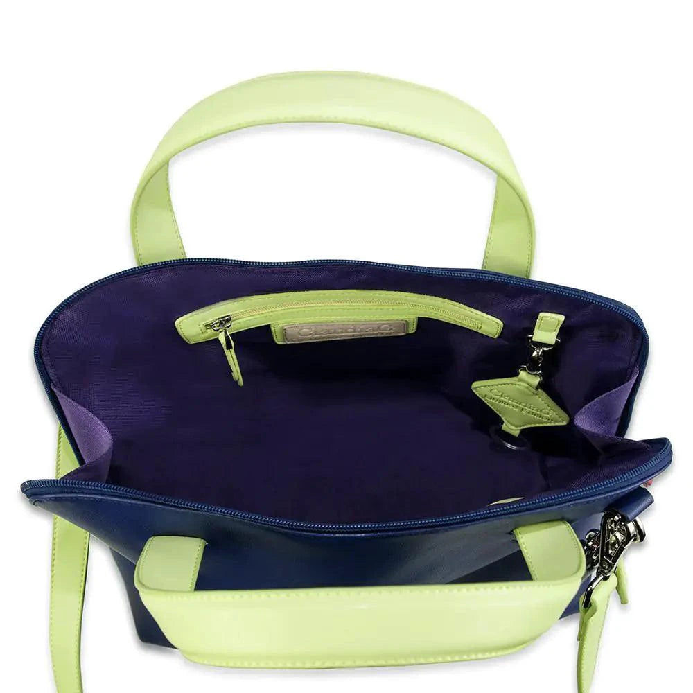 Mandotos Elisa leather handbag in sapphire blue with gold hardware, featuring a structured shape and top handle.