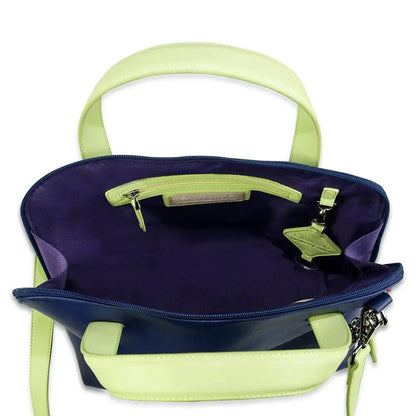 Mandotos Elisa leather handbag in sapphire blue with gold hardware, featuring a structured shape and top handle.
