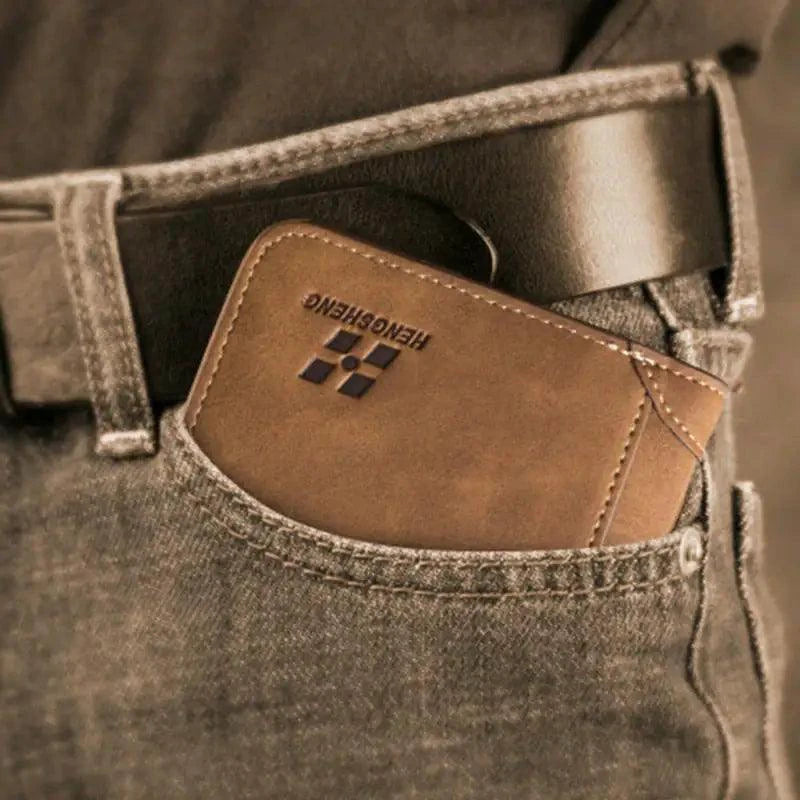 Mandotos Elite Fold Leather Wallet showing multiple card slots and a sleek brown leather finish.