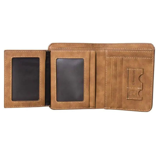 Mandotos Elite Fold Leather Wallet showing multiple card slots and sleek design on brown leather surface.