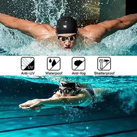 Mandotos Elite HD Clarity Swim Goggles with clear lenses and adjustable strap, designed for comfortable, high-visibility swimming.