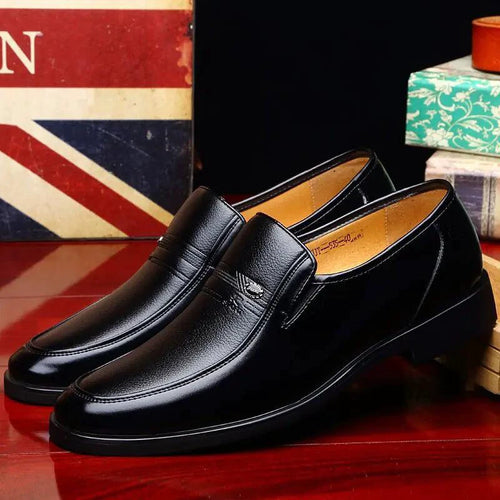 Mandotos Elite Leather Dress Shoes showing sleek black leather, classic design, and polished finish for formal occasions.