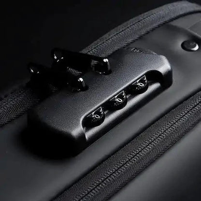 Mandotos Elite Leather Sling Bag showing its sleek black leather design with adjustable strap and compact size.
