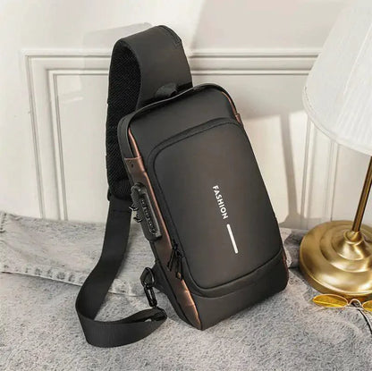 Mandotos Elite Leather Sling Bag featuring a sleek black design, adjustable strap, and compact storage for everyday essentials.