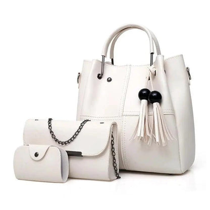 Mandotos European and American fashion single shoulder messenger bag for ladies with three-piece tassels and spacious design.