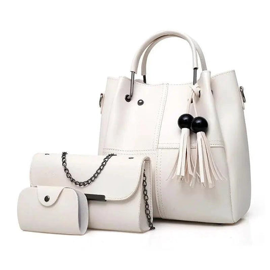 Mandotos European and American fashion single shoulder messenger bag for ladies with three-piece tassels and spacious design.