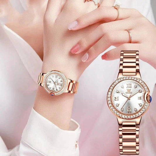 Mandotos waterproof ladies watch with explosion-inspired design, featuring a round dial and stylish strap for women.