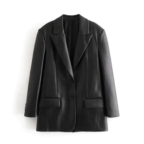 Mandotos Farah faux leather blazer displayed on a hanger, featuring a tailored fit and sleek black finish.