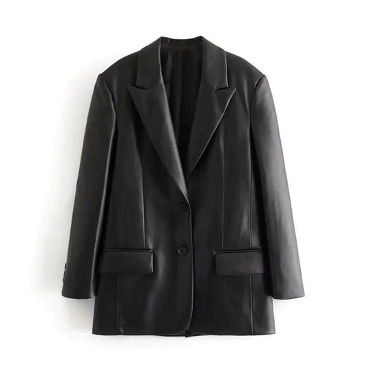 Mandotos Farah faux leather blazer displayed on a hanger, featuring a tailored fit and sleek black finish.