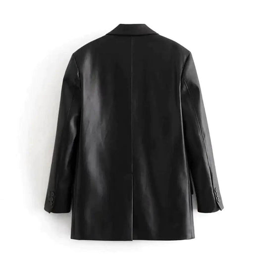 Mandotos Farah faux leather blazer featuring a tailored fit, lapel collar, and sleek black finish on a model.