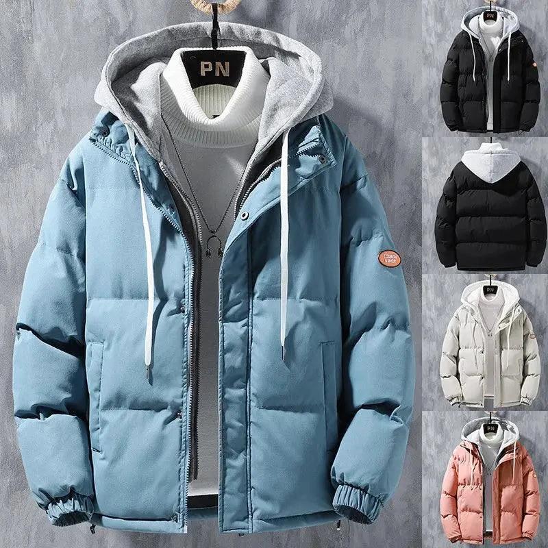 Men's winter windproof hooded cotton jacket by MANDOTOS, thickened two-piece coat with solid color, ideal for leisure and sports.
