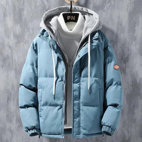 Men's winter windproof hooded jacket by MANDOTOS, thickened faux two-piece cotton coat for casual and sports wear.
