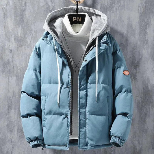 Men's winter windproof hooded jacket by MANDOTOS, thickened faux two-piece cotton coat for casual and sports wear.