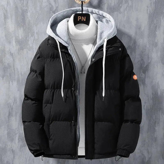 Mandotos men's winter windproof hooded jacket with thickened faux two-piece design, solid leisure sports cotton coat.