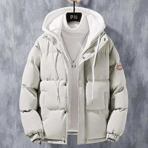Mandotos men's winter hooded jacket with windproof, thickened cotton, fake two-piece design, solid color, leisure sports style.