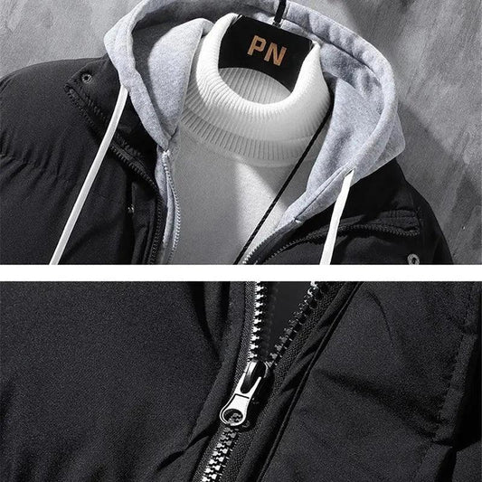 Men's winter hooded windproof cotton jacket by MANDOTOS, thickened, solid color, two-piece style, suitable for leisure and sports.