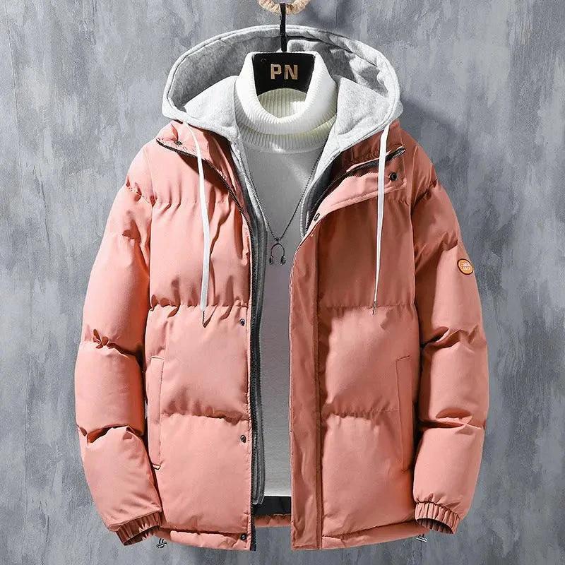 Mandotos men's winter hooded windproof cotton jacket with thickened fake two-piece design, solid color, casual sports style.