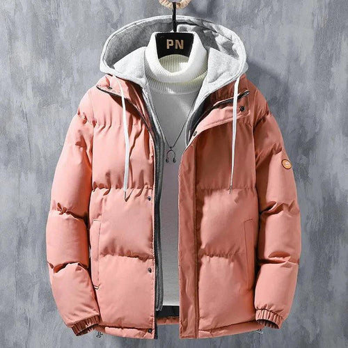 Mandotos men's winter hooded windproof cotton jacket with thickened fake two-piece design, solid color, casual sports style.