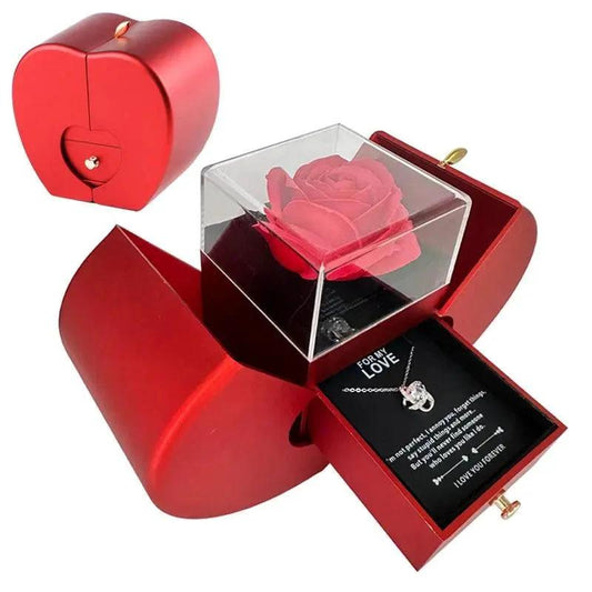 Mandotos red apple-shaped jewelry box with artificial rose, perfect for gifts like necklaces and keepsakes for special occasions.