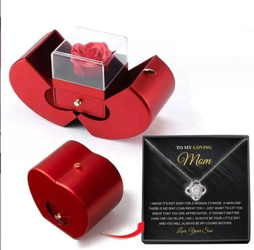 Mandotos red apple-shaped jewelry box with artificial rose and necklace, ideal for Christmas, Mother's Day, or Valentine's Day gifts.