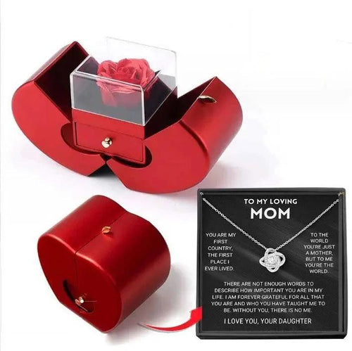 Mandotos red apple jewelry box with artificial rose, perfect for necklaces, Christmas, or Valentine's Day gifts.