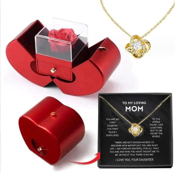 Mandotos red apple-shaped jewelry box with artificial rose and necklace, perfect for Christmas, Mother's Day, and Valentine's Day gifts.