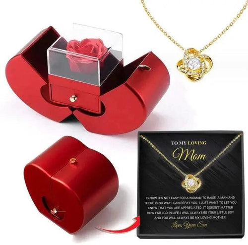 Mandotos red apple-shaped jewelry box with artificial rose and necklace, ideal for Christmas, Mother’s Day, or Valentine’s Day gifts