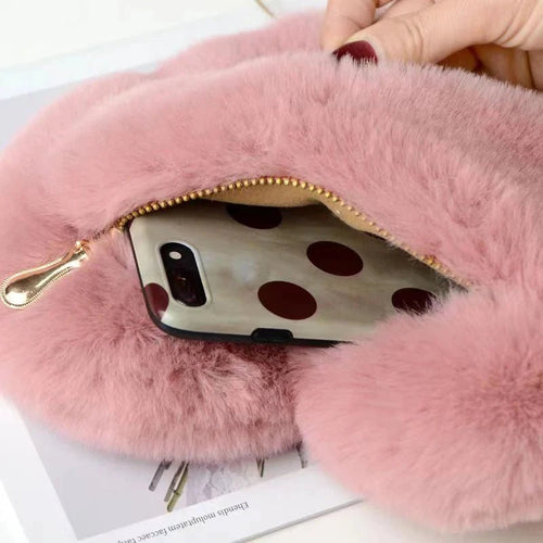 Fashion women's heart-shaped faux fur crossbody handbag by MANDOTOS featuring soft plush material and chain shoulder strap.