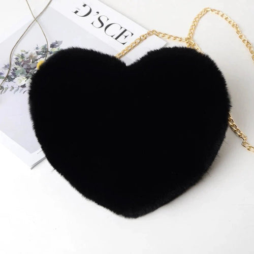 Mandotos women's heart-shaped faux fur crossbody bag with plush soft shoulder strap and chain detail, stylish shopper tote for women.