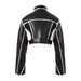 Mandotos faux leather cropped jacket shown on a hanger, featuring a stylish short design with a smooth black finish.