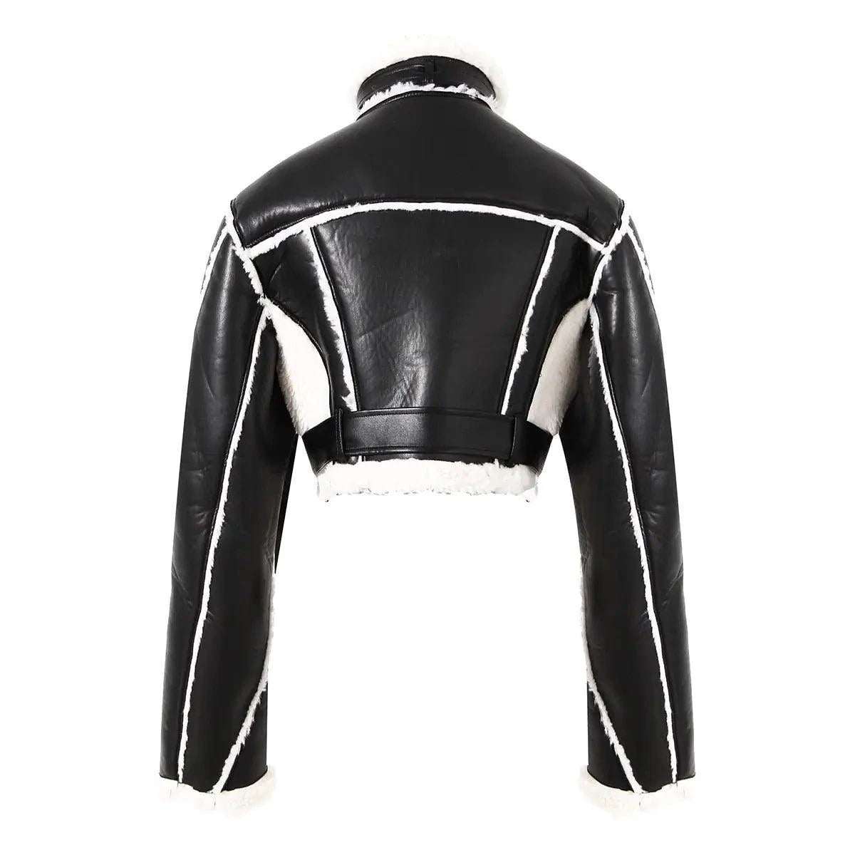 Mandotos faux leather cropped jacket shown on a hanger, featuring a stylish short design with a smooth black finish.