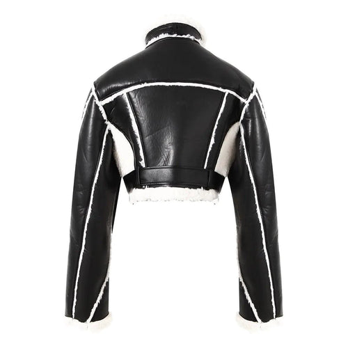 Mandotos faux leather cropped jacket shown on a hanger, featuring a stylish short design with a smooth black finish.