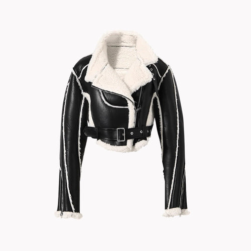 Mandotos faux leather cropped jacket featuring a stylish fitted design and classic collar, perfect for a trendy layered look.