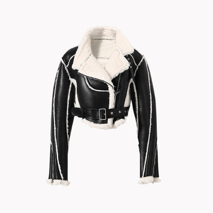 Mandotos faux leather cropped jacket featuring a stylish collar, long sleeves, and fitted silhouette on a neutral background.