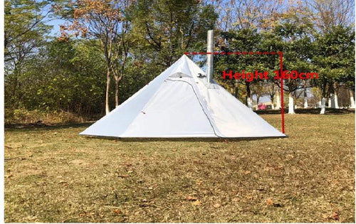Mandotos Featherlight Pyramid Camp Shelter set up outdoors, showcasing lightweight, durable camping shelter with open sides and rainfly.