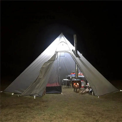 Mandotos Featherlight Pyramid Camp Shelter set up outdoors, showcasing lightweight, durable fabric and pyramid shape for camping shelter.