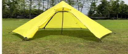 Mandotos Featherlight Pyramid Camp Shelter set up outdoors, showcasing lightweight design and durable fabric for camping adventures.