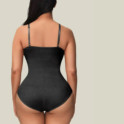 Mandotos figure sculpting shaper bodysuit displayed on a model, showcasing its seamless fit and contouring design for slimming.