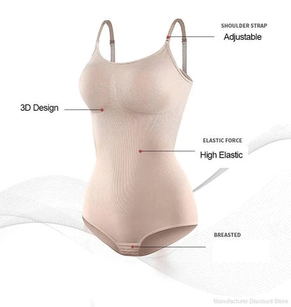 Mandotos Figure Sculpting Shaper Bodysuit shown on a model, featuring seamless design and contouring fit for shaping and support.