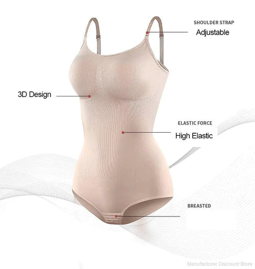Mandotos Figure Sculpting Shaper Bodysuit shown on a model, featuring seamless design and contouring fit for shaping and support.