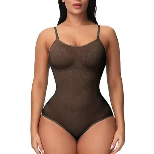 Mandotos figure sculpting shaper bodysuit displayed on a model, showcasing its seamless, supportive design for body shaping.