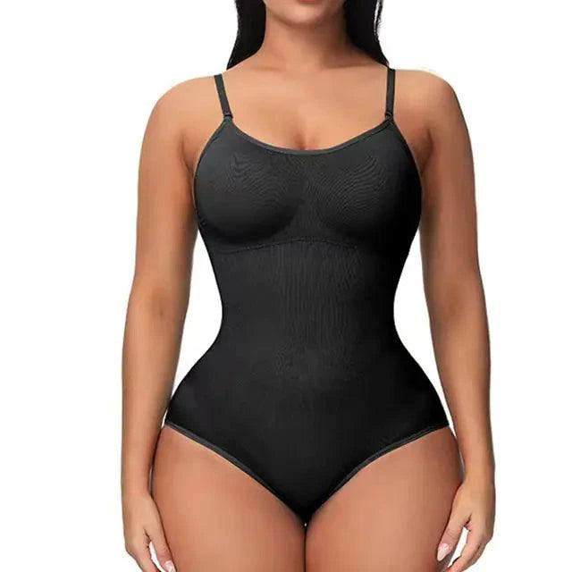 Mandotos figure sculpting shaper bodysuit shown on a model, highlighting seamless fit and smoothing silhouette for body shaping.