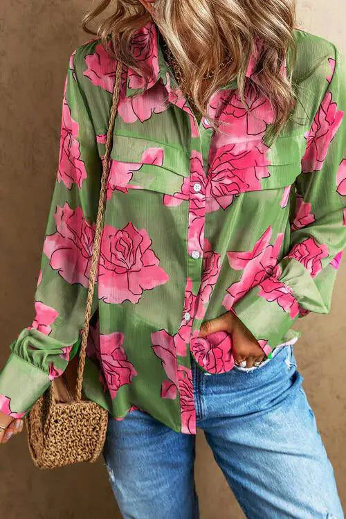 Mandotos Floral Elegance long sleeve shirt with a floral pattern, featuring a tailored fit and button-up front.