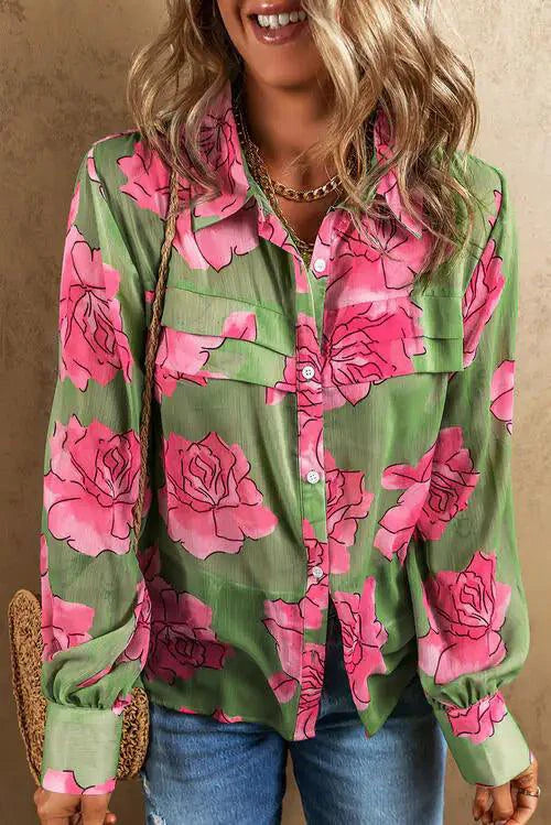 Mandotos Floral Elegance long sleeve shirt with colorful floral pattern, lightweight fabric, and classic fit.