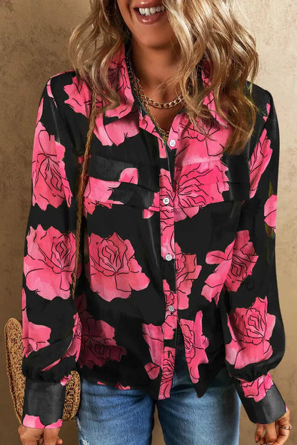 Mandotos Floral Elegance long sleeve shirt with vibrant floral pattern and tailored fit, displayed on a hanger.