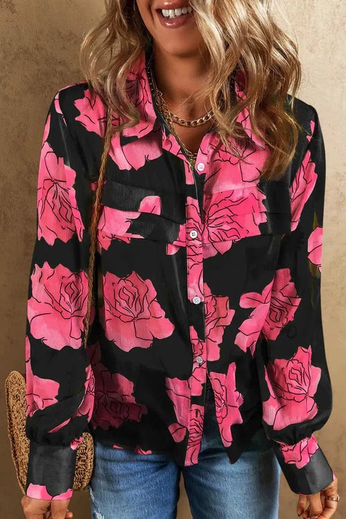 Mandotos Floral Elegance long sleeve shirt with vibrant floral pattern and tailored fit, displayed on a hanger.